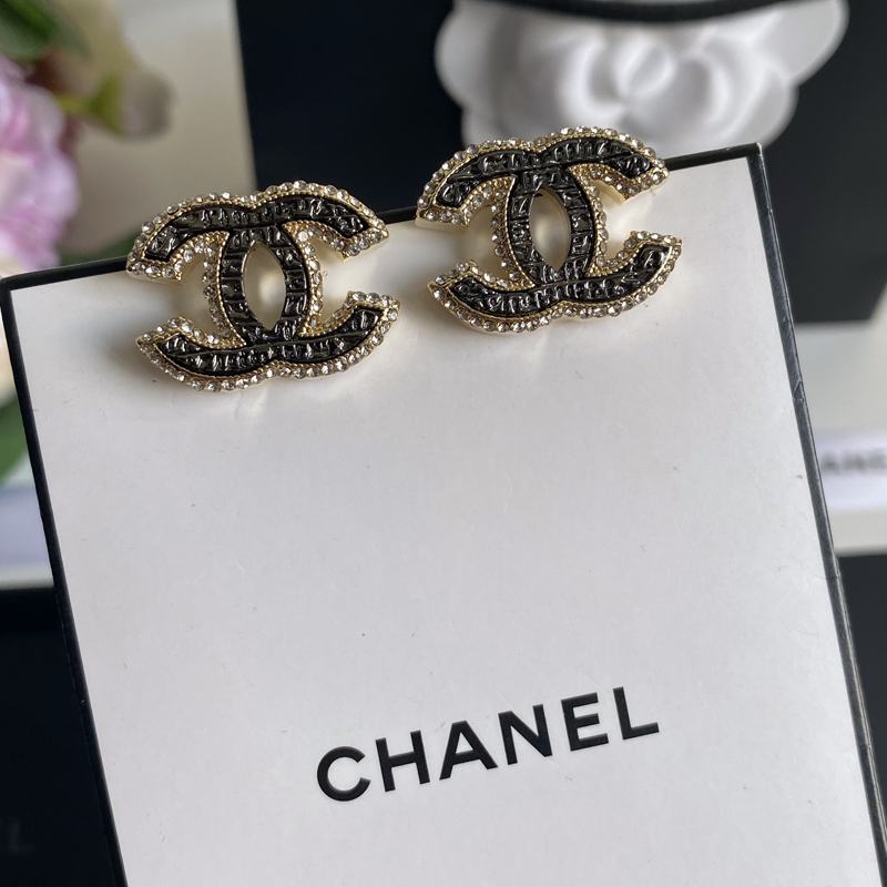 Chanel Ladies 22P Timeless CC Logo Pearly Black Crystal Stud Earrings