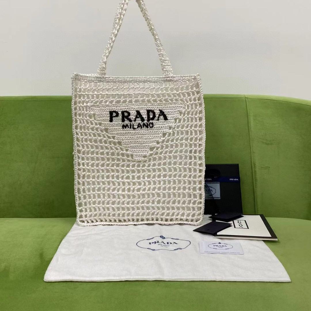 Prada Raffia Tote Bag White For Women, Women's Bags 14.9in/38cm 1BG393_2A2T_F0009_V_OOO